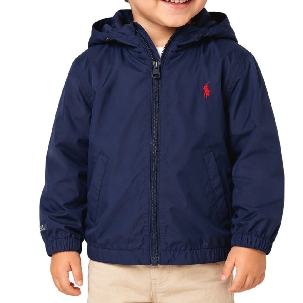 Polo Ralph Lauren Boys Navy/Red Hooded Windbreaker Jacket Size 3 Zip Lightweight